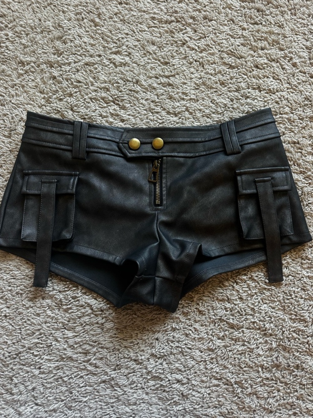 Edikted Black Faux Leather Micro Cargo Shorts (S)